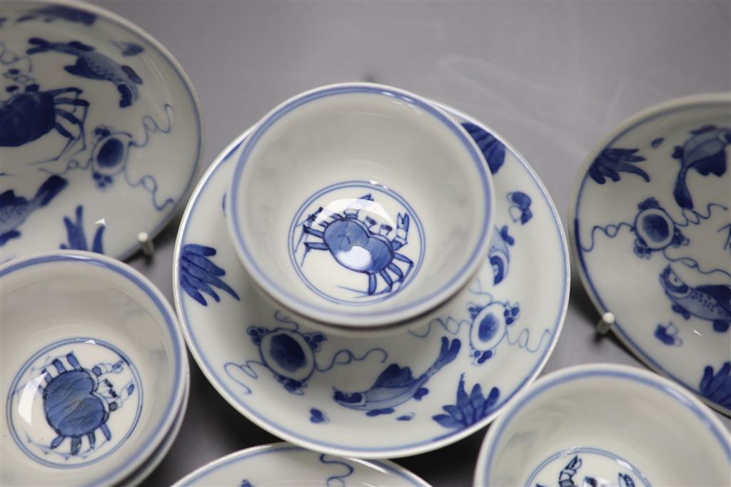 Six Chinese blue and white Sea creatures teabowls and saucers